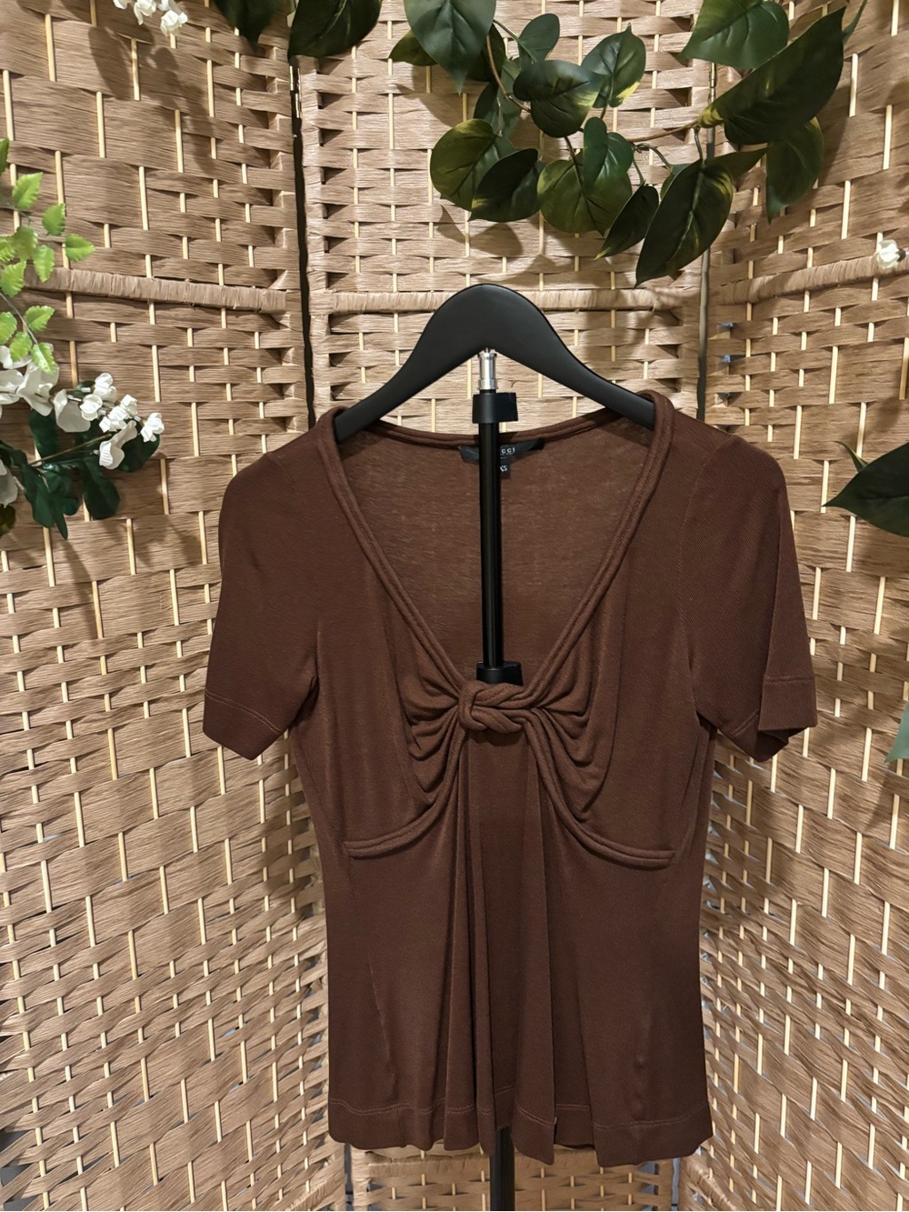 Vintage Gucci Brown Knot-Front Short Sleeve Top - Picture 2 of 6